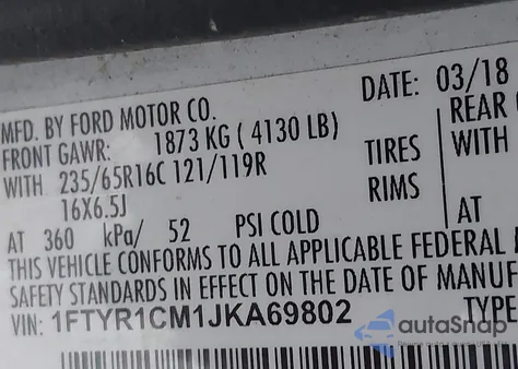 2018 Ford Transit-250 z USA, uszkodzony, nr VIN 1FTYR1CM1JKA69802